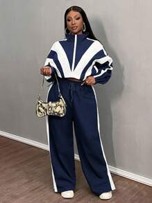 Slaydiva Women Contrast Color Block Zip Front Jacket And Wide Leg Pants Casual 2pcs Set - Navy Blue - View 3