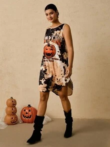 SHEIN VCAY Váy không tay in hình bí ngô và ma cà rồng nhuộm màu cam và đen cỡ lớn cho lễ Halloween, trang phục Halloween, váy nhuộm màu thu, cho tiệc Halloween - màu nâu - Xem 6