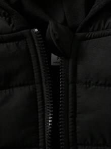 SHEIN Baby Boy Cotton Padded Vest With Hood And Ear Design, Black Color, Casual Style For Outings, Home Leisure, And Party Occasions, Suitable For Winter Hooded Baby Vest Baby Boy Winter Vest Toddler Vest Baby Boy Vest Baby Vest With Hood Black Baby Vest Baby Bear Vest Fall - Black - View 8