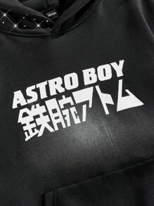 ROMWE MEN Astro Boy X ROMWE Street Life Felpa con cappuccio nera con grafica di figure cartoni animati per uomo