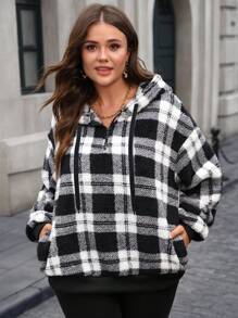 EMERY ROSE Plus Size Women's Fall Casual Fuzzy Plaid Hooded Thermal Zipper Neckline Sweatshirt With Pockets, Autumn/Winter, Going Out, 2025 New, Fall For Women, Plaid Sweatshirts For Women - Black and White - View 4