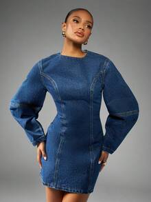 MISSGUIDED Denim Mini Dress Long Balloon Sleeves Fitted Waist Structured Silhouette Vintage Style Perfect Fall Winter Outfit Street Fashion Statement Piece - Blue - View 6