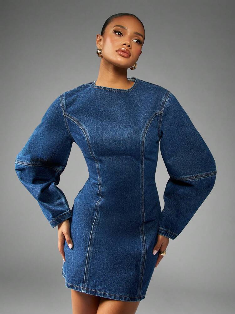 MISSGUIDED Denim Mini Dress Long Balloon Sleeves Fitted Waist Structured Silhouette Vintage Style Perfect Fall Winter Outfit Street Fashion Statement Piece