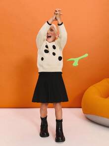 SHEIN Set di maglione a girocollo a maniche lunghe e gonna plissettata mini con motivo a pois per ragazze giovani - nero - Visualizzare 4