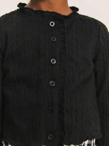 SHEIN Young Girl Casual Everyday Knit Collar Ruffle Trim White Fitted Long Sleeve Cardigan,In Fall/Winter - Black - View 4