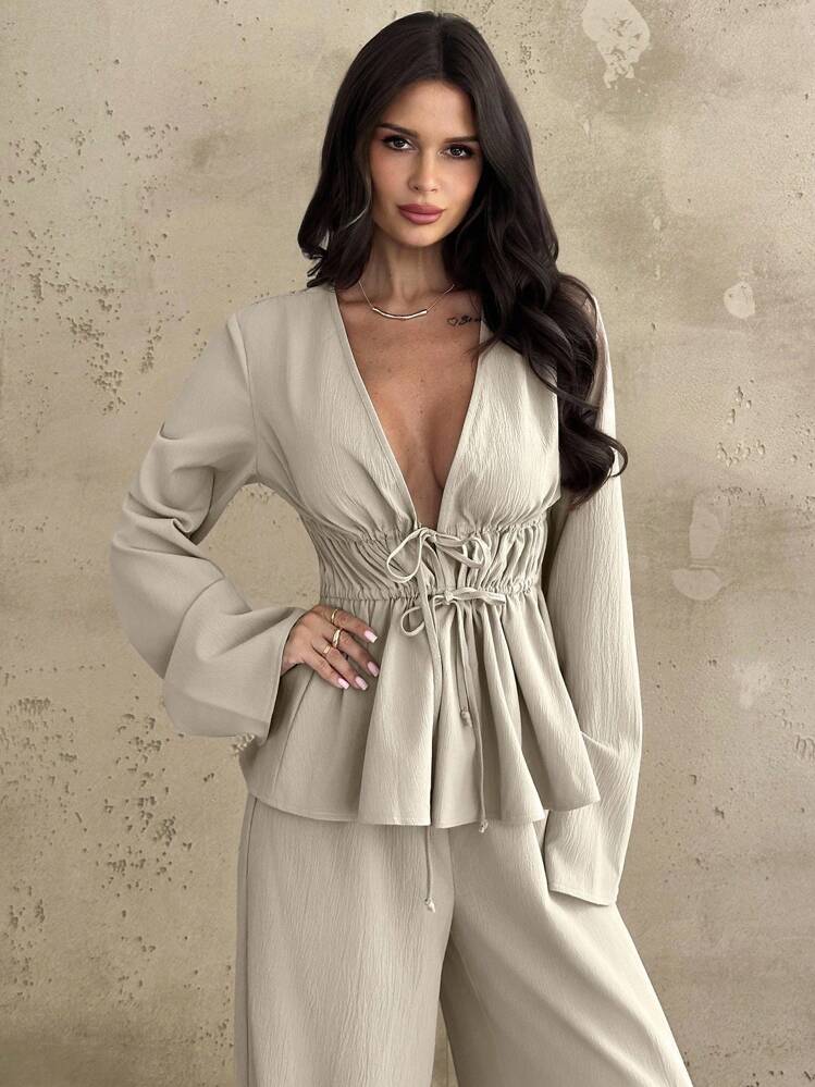 Firerie Women's Solid Color Pleated Waist Tie Flare Sleeve Shirt And Pants Casual 2 Pieces Set,Fall - Khaki - View 7