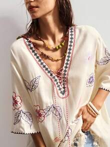 Bohemela 女士休闲纯色梭织V领宽松迷你连衣裙 - 杏色 - 查看 2