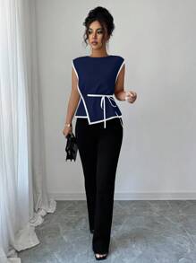 Elenzga 女士优雅通勤腰部收紧撞色衬衫 - 藏蓝色 - 查看 5