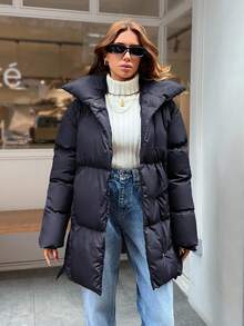 EURMUSE Solid Color High Neck Belted Padded Coat For Winter And Autumn - Black - View 8