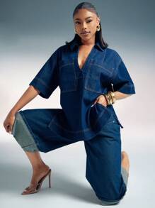 Denimoi 女士时尚落肩宽松牛仔衬衫，夏季 - 藍色 - 查看 5