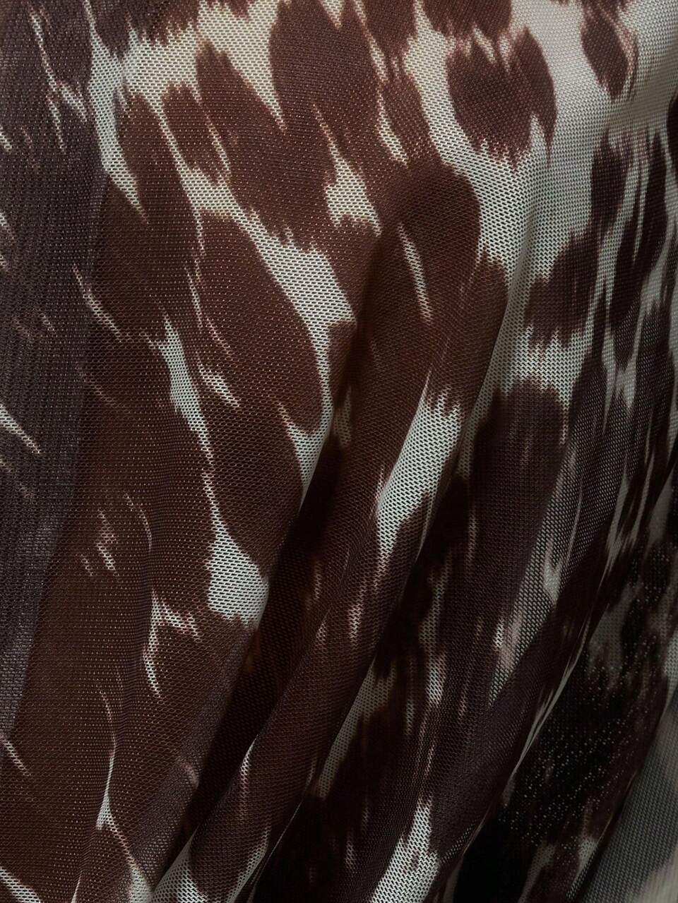 Off-White Cow Print Sheer Mesh Drape Front Long Flare Sleeve Ruched Hem Top, 70s Festival Rave Party Club Night Summer Holiday Vacation