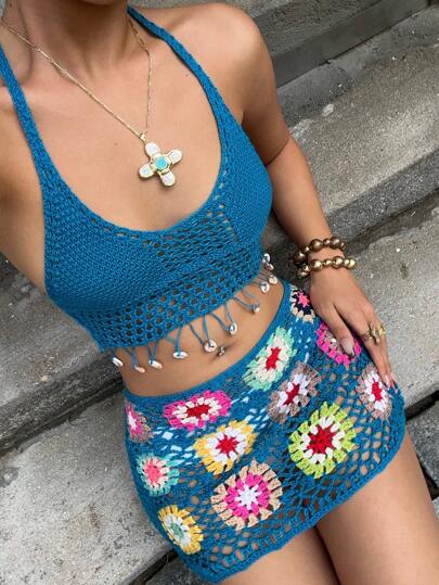 Aloruh Women's Vacation Sexy Fringe Hem Backless Halter Top & Crochet Knit Skirt 2 Pieces Set