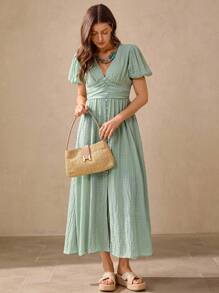 Wildy Đầm midi tay ngắn thắt eo màu trơn đơn giản cho nữ, mùa hè - màu xanh lá - Xem 5