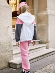 SHEIN 2pcs/Set Tween Girls Hooded Zip-Up Printed Long Sleeve Jacket & Patchwork Contrast Color Cargo Pants, Casual American College Style