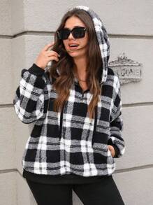 EMERY ROSE Plus Size Women's Fall Casual Fuzzy Plaid Hooded Thermal Zipper Neckline Sweatshirt With Pockets, Autumn/Winter, Going Out, 2025 New, Fall For Women, Plaid Sweatshirts For Women - Black and White - View 5