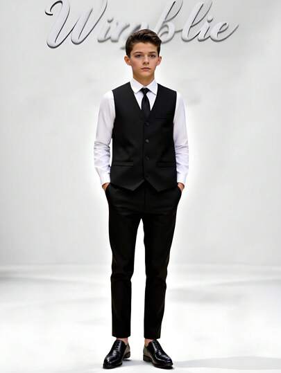 SHEIN 青少年男孩 3 件套服装：白衬衫、背心和休闲裤，优雅时尚，适合秋冬季派对、办公室、婚礼、活动、正式场合