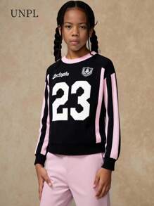 Girls' Jacquard Color Block Crew Neck Long Sleeve Knit Sweater, Size 23 - Black - View 1