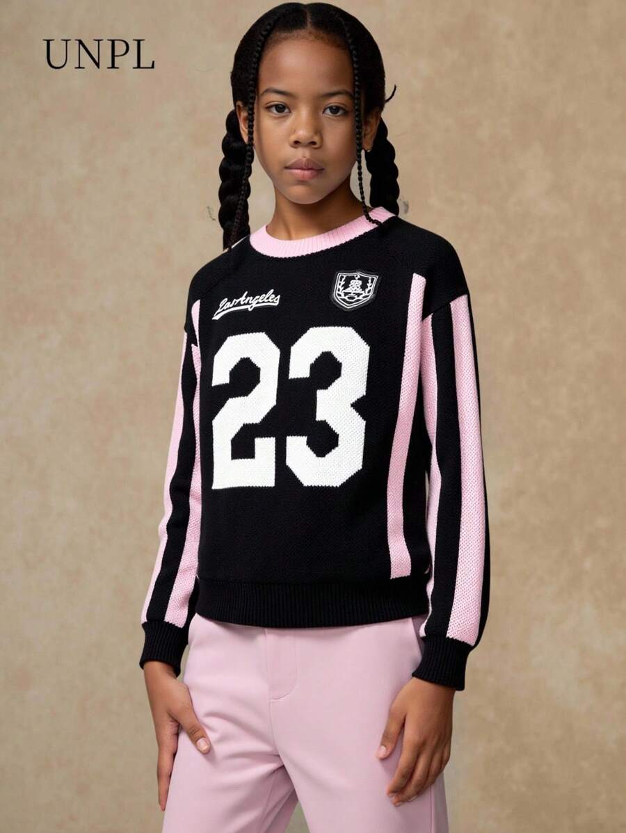 Girls' Jacquard Color Block Crew Neck Long Sleeve Knit Sweater, Size 23 - Black - View 1