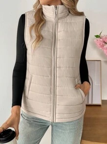 SHEIN LUNE 女士休闲纯色保暖无袖羽绒服，基础款秋冬羽绒背心，适合叠穿，冬季百搭，适合外出穿着，秋季新款，时尚百搭，适合冬季外出穿着。 - 米色 - 查看 6