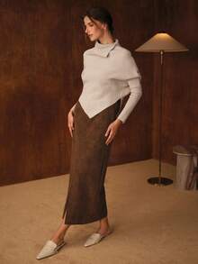 MOTF PREMIUM 不对称下摆高领毛衣 - 杏色 - 查看 6