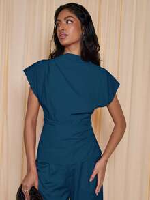 COSMINA Blouse femme de couleur unie avec taille froncée, convient pour le trajet domicile-travail - Bleu azur - Voir 3