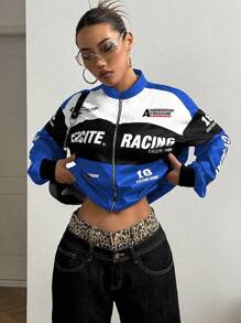 SHEIN PETITE Letter Print Contrast Color Drop Shoulder Bomber Jacket For New Year Clothes Fall Winter Cloth For Women - Blue - View 6