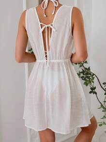 Swim Vcay 夏季服装女式飘逸优雅浪漫宽松海滩夏日度假罩衫娃娃裙白色连衣裙 - 白色 - 查看 2