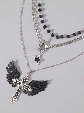 Hippie 2pcs Gothic Dark Faux Pearl, Cross Dark Angel Wing Pendant Necklace For Women, Holiday Gift