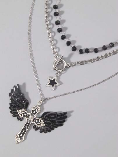 Hippie 2pcs Gothic Dark Faux Pearl, Cross Dark Angel Wing Pendant Necklace For Women, Holiday Gift