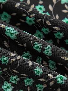 lacRébo Black Floral Mesh Tee With V-Neckline And Ribbon Bow Cute Autumn Top Going Out Outfits Spring Summer Top - Multicolor - View 9