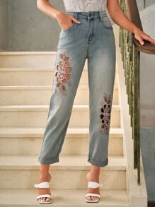 Anewsta Elaire Jeans casuales lavados con bordado floral, calados y decorados con rhinestones - Azul - Ver 3
