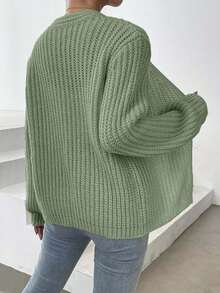 EURMUSE 女士纯色落肩长袖宽松休闲针织开衫 - 薄荷綠 - 查看 2