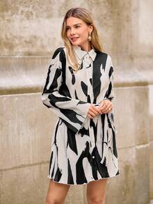 EMERY ROSE Allover Print Belted Shirt Dress,Ladies Casual Belted,Button Long Sleeve Shirt Collar Loose Short Multicolor Flare Sleeve All Over Print Shirt Women Short Dresses,Spring/Fall,Casual Daily Wear