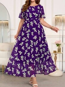 SHEIN Clasi 大码女式花卉印花雪纺长裙、优雅长裙、飘逸连衣裙、短袖连衣裙、户外连衣裙 - 彩色 - 查看 5