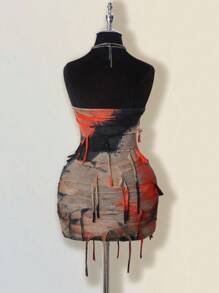 SHEIN ICON Robe moulante mini dos nu avec effet tie-dye contrastant orange et noir pour femmes