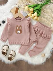 SHEIN 2pcs/Set Toddler Girls' Pink Sweater Set, Bunny Jacquard Knit Top With Flutter Sleeve + Ruffle Hem Pants, Cute Outfit Baby Girl Sweater Sets Toddler Girl Two Pieces Winter Outfits Baby Girl Winter Clothes Baby Girl Knit Set Two Pieces Outfits For Toddler Girl Baby Girls Winter Clothes Baby Girls Fall Clothes Baby Girl Fall Outfits - Pink - View 1