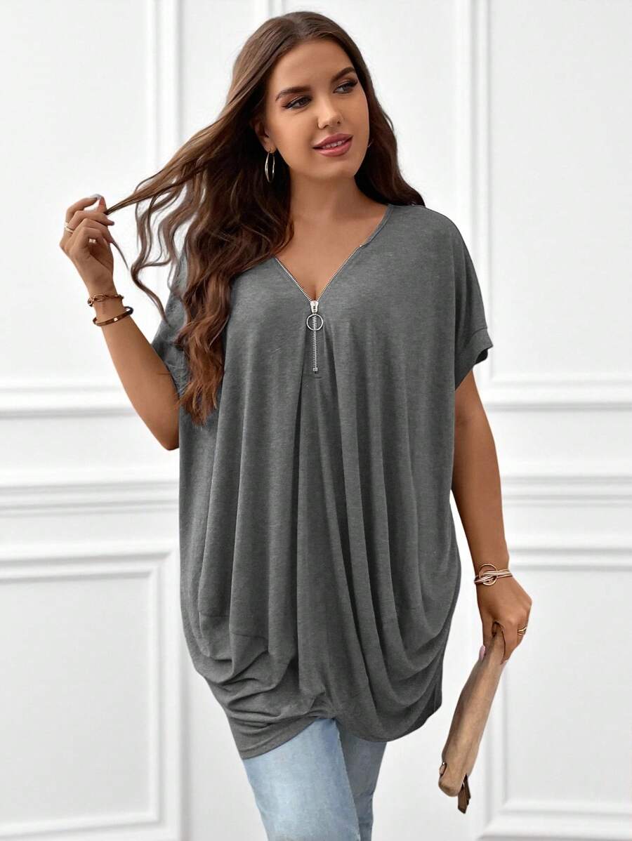EMERY ROSE Plus Size Women Half Placket Batwing Short Sleeve Casual Loose T-Shirt