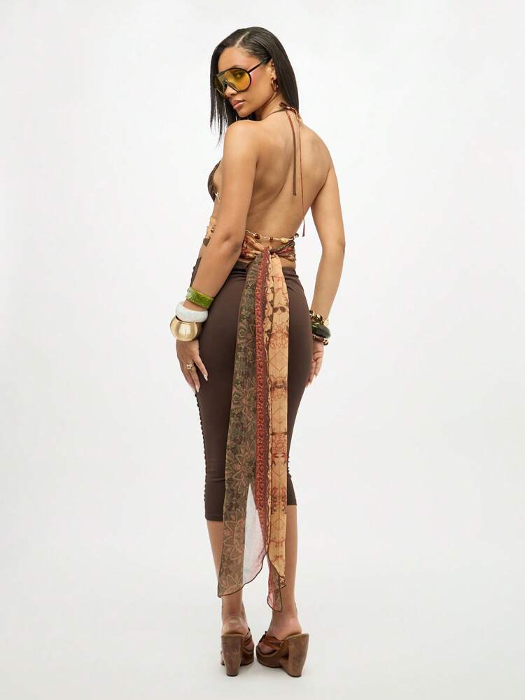 SUMWON Paisley Print Chiffon Halter Neck Crop Top With Tie Detail Wrap Front Festival Boho Evening Party Summer Beach Poolside Resort Wear