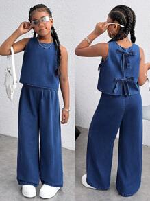 SHEIN 青少年女孩休闲水洗露背系带牛仔背心和牛仔裤套装 - 深色水洗藍 - 查看 1