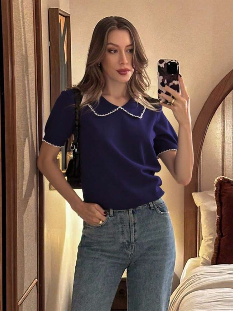 Lumivelle Suéter de punto de manga corta con cuello redondo y encaje de contraste, estilo minimalista, ajustado, para mujeres universitarias en otoño e invierno. Elegante, de moda, casual, para ir a la oficina, diario, todo a juego, temperamento urbano, atuendo profesional de maestra. - Azul Marino - Añade 4