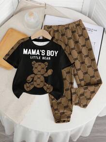 SHEIN 男婴休闲时尚经典酷炫可爱小熊印花，花卉印花圆领短袖T恤上衣，印花裤套装，适合夏季、秋季、学校、返校，“MAMA'S BOY LITTLE BEAR Cool”，“Puppy Keep” - 彩色 - 查看 2