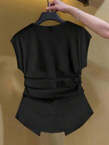 Franclia Casual Solid Color Ruched Waist T-Shirt, Versatile For Summer - Black - View 2