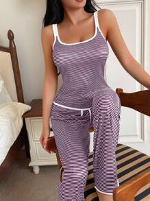 SHEIN Stylish Contrast Color Striped Patchwork U-Neck Women Casual Sleepwear Set - Purple - View 6