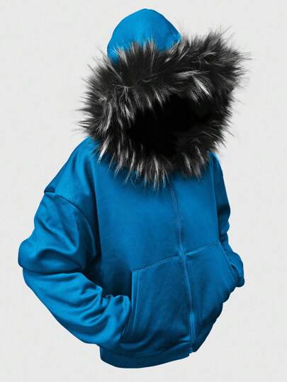 ROMWE MEN Street Life Men's Fluffy Collar Loose Short Style Sweatshirt Sweatshirt, Streetwear