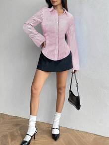 Flirla 女式长袖单排扣休闲修身条纹衬衫 - 彩色 - 查看 3