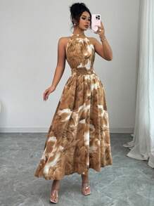 Modelyn Váy chữ A không tay buộc eo in họa tiết tie dye dành cho nữ, màu tím nhạt - Màu Khaki - Xem 4