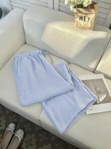 Comfortcana Quần ống rộng ống rộng màu trơn buộc eo cỡ lớn cho nữ Quần cotton thường ngày cho nữ Quần dài mặc nhà, Quần thu/đông, Quần áo mùa thu cho nữ Quần cotton 100% Quần cotton gạc cho nữ Quần cotton mùa hè - Màu xanh lam - Xem 4