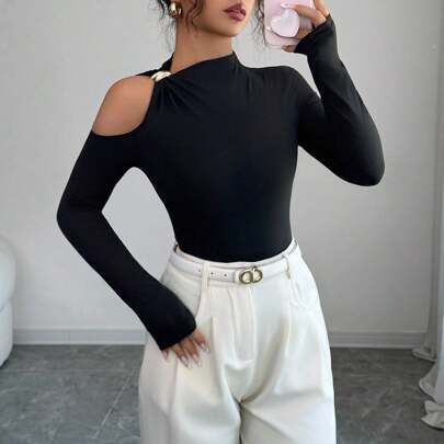 Fitted Sexy Metal Decor Hollow Out Off Shoulder Long Sleeve T-Shirt Fall Cloth …