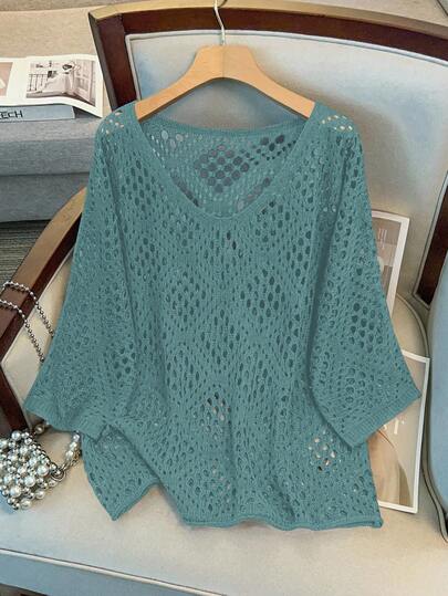 GlowEve CURVE Plus Size Women Hollow Out 3/4 Sleeve Knitted Sweater Winter Fall Autumn