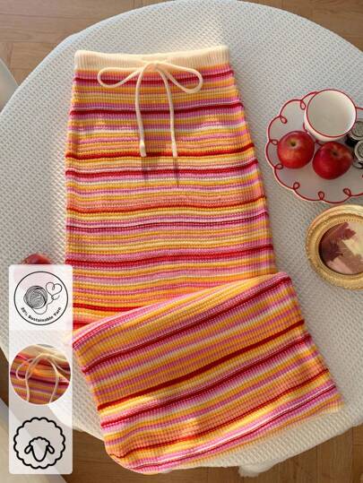 Comfortcana 女式彩色条纹腰带休闲针织中长裙